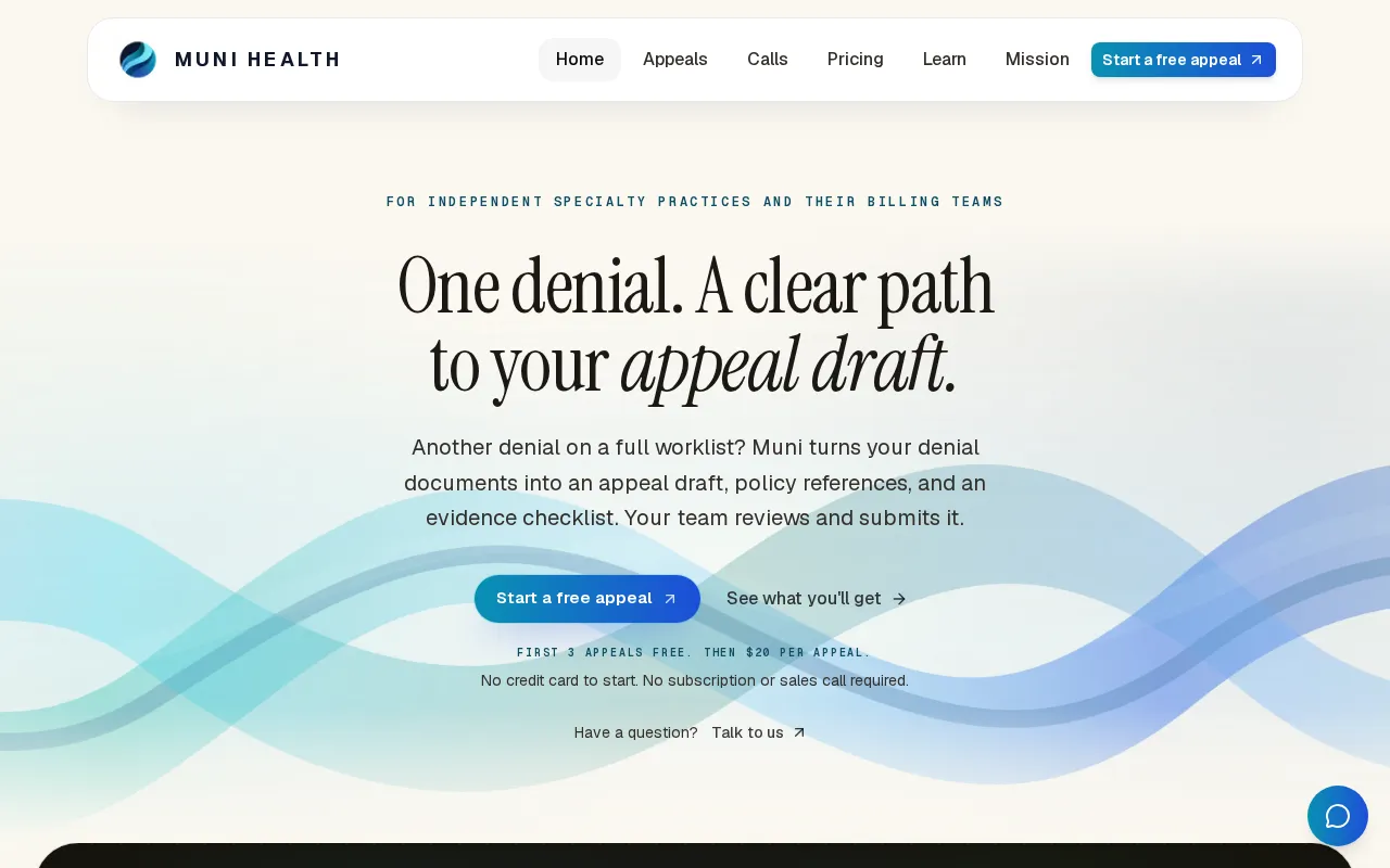 Screenshot of the Muni Health homepage, captured 2026-10-16