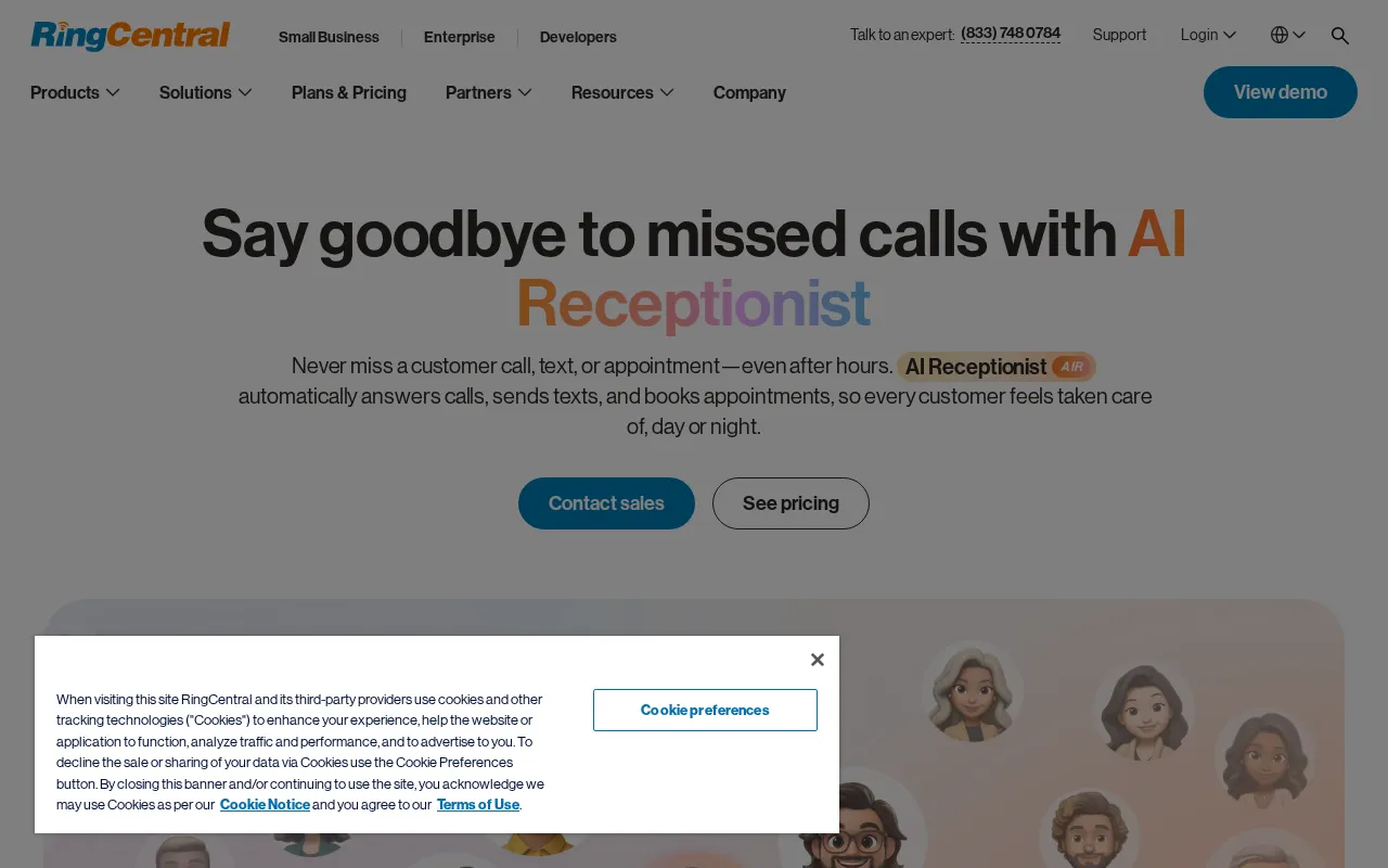 Screenshot of the RingCentral AI Receptionist homepage, captured 2026-10-16